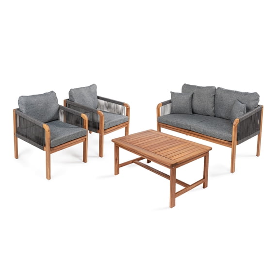 Tavira 4-Piece Modern Bohemian Acacia Wood Outdoor Patio Set with Cushions and Plain Decorative Pillows, Gray/Teak Brown