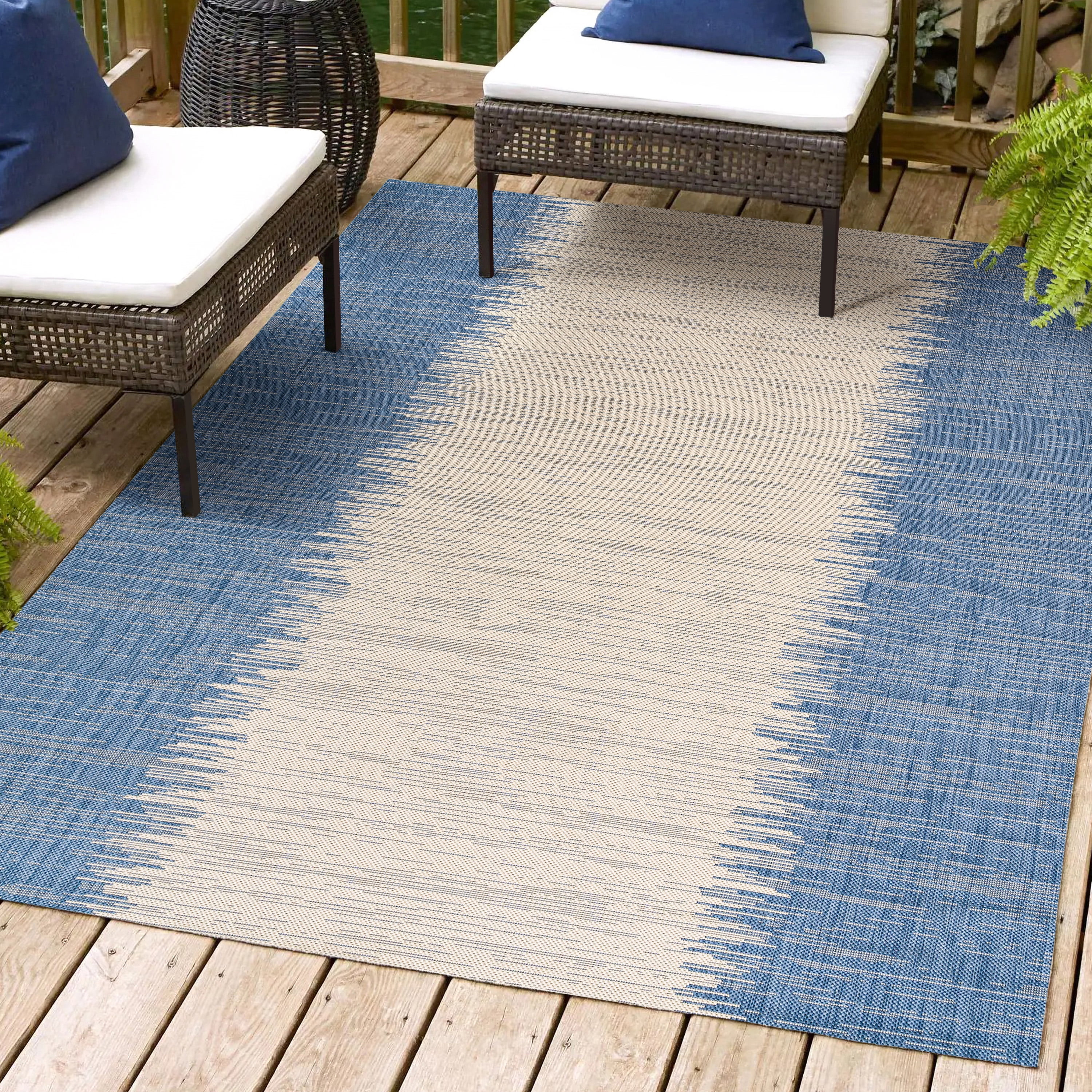 Tavira Blue and Beige Striped Synthetic 4' x 6' Rug