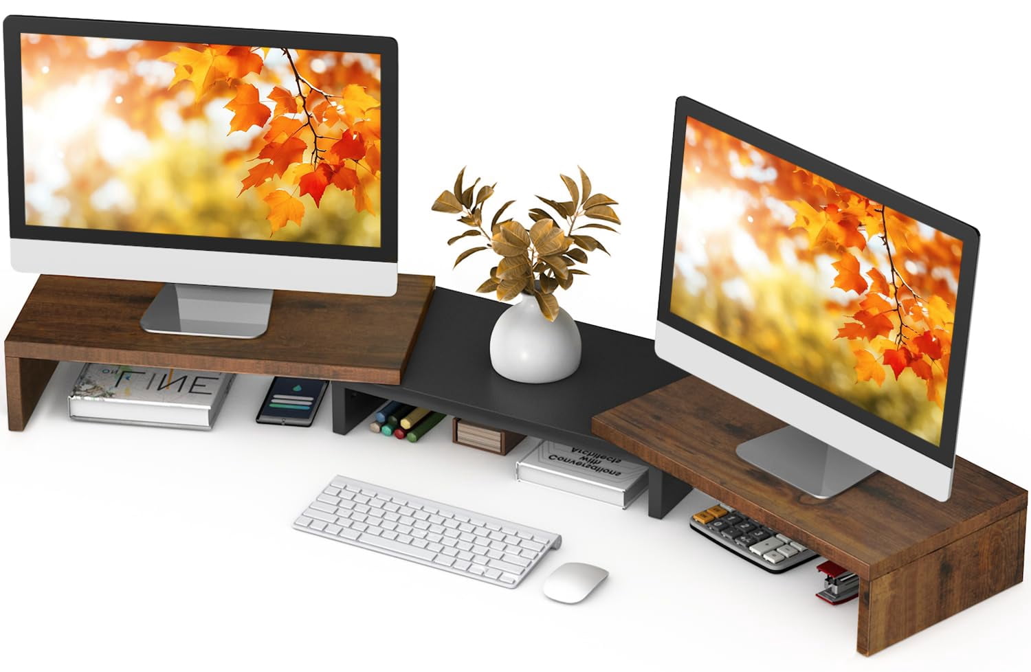 Tavr Dual Monitor Stand Riser  Computer Stands For 2 Monitors Extra Long Multifunctional Desktop Organizer Laptop Pc Printer Tv Max 43.3" Length Rustic Brown