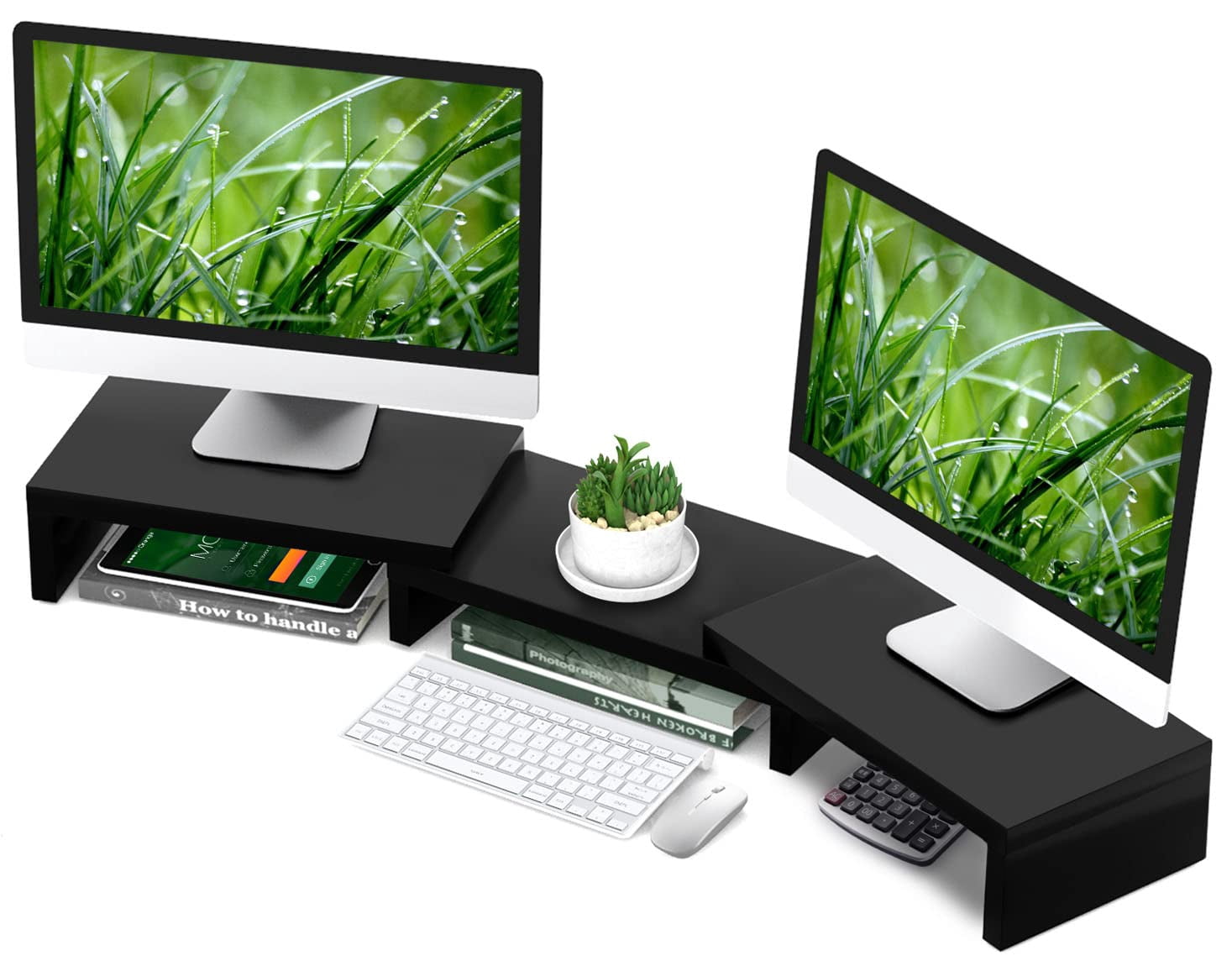 Tavr Dual Monitor Stand Riser Office Desktop Organizer For 2 Monitors  Adjustable Length And Angle 3 Shelf Extra Long Multifunctional Up To 43.3" Fit Computer Laptop Tv Black