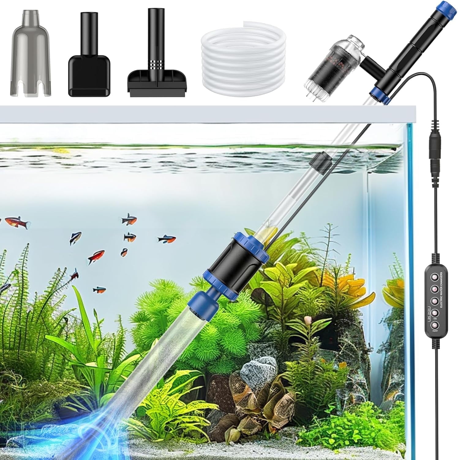 Tawatiler Electric Aquarium Vacuum Gravel Cleaner, 48W Fish Tank Cleaner Vacuum with Strong Suction for Water Change Wash Sand Algae Cleaner Water Shower and Water Circulation, Timed Off