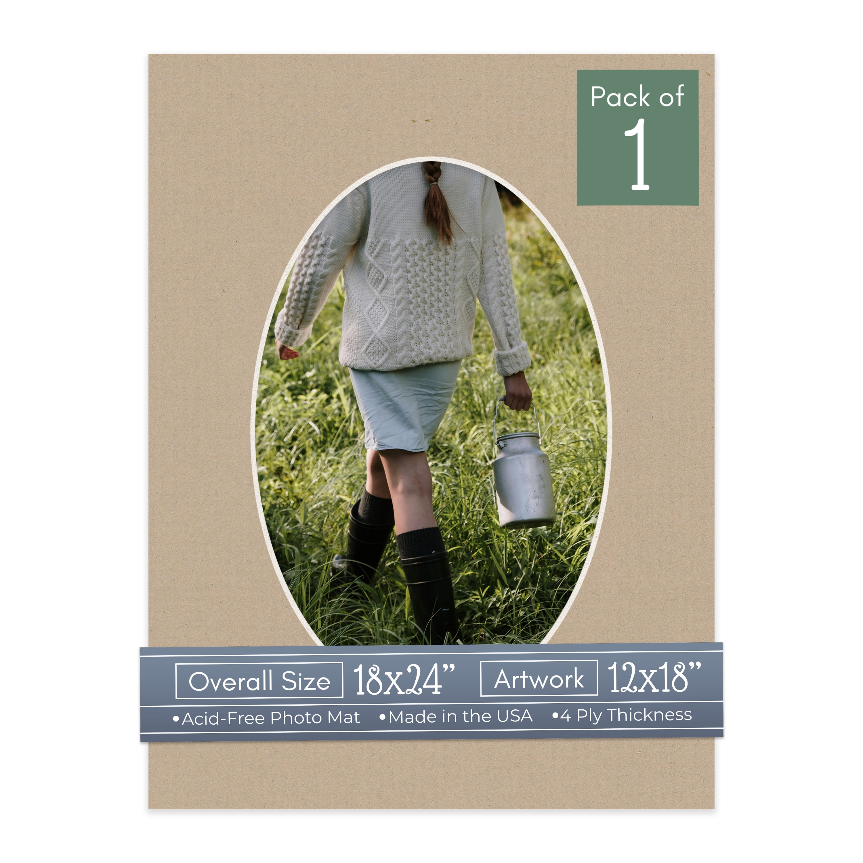 Tawny Brown Picture Frame Mat for 18x24 Frames - Oval Opening for 12x18 Photos - 1 Mat