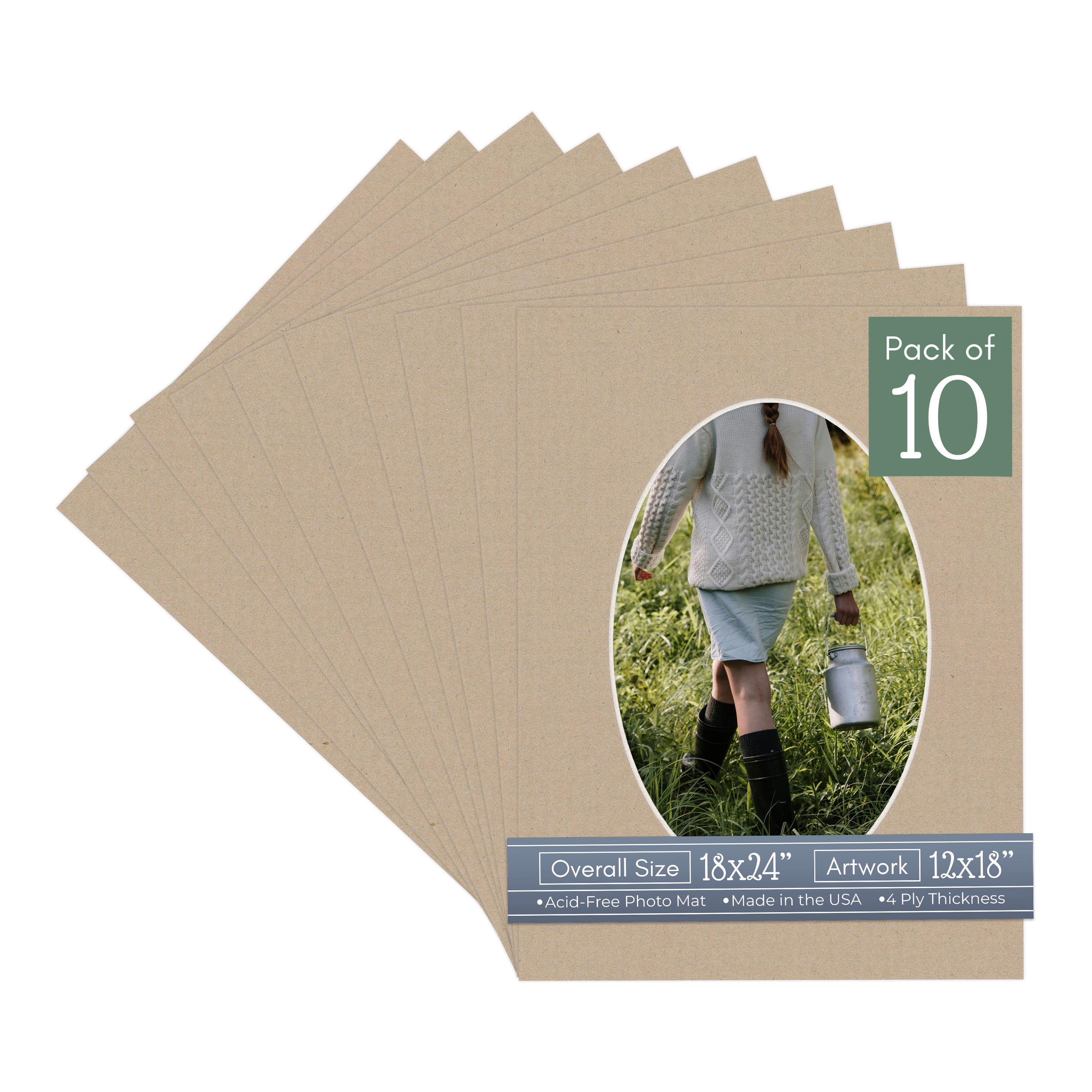 Tawny Brown Picture Frame Mat for 18x24 Frames - Oval Opening for 12x18 Photos - 10 Mats