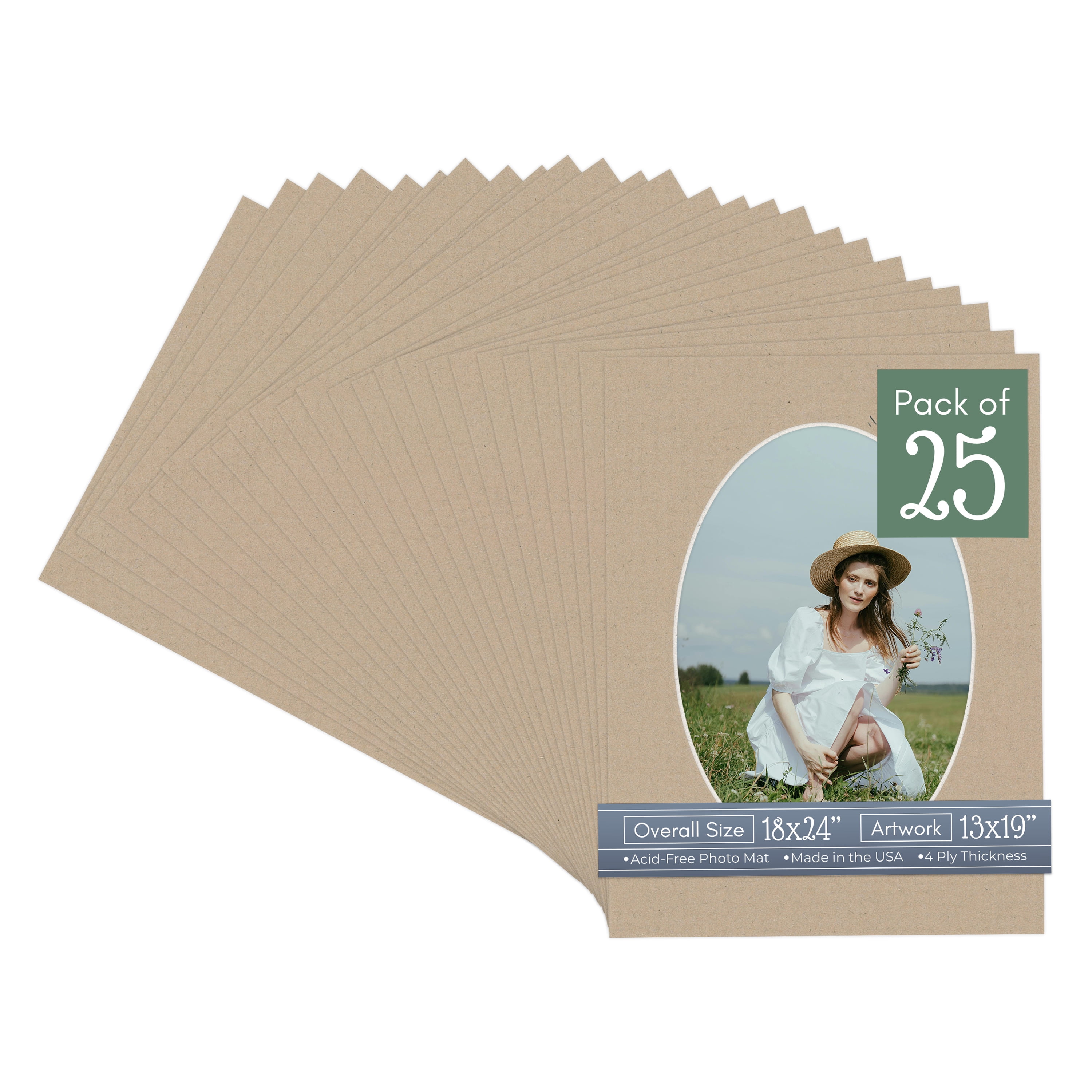 Tawny Brown Picture Frame Mat for 18x24 Frames - Oval Opening for 13x19 Photos - 25 Mats