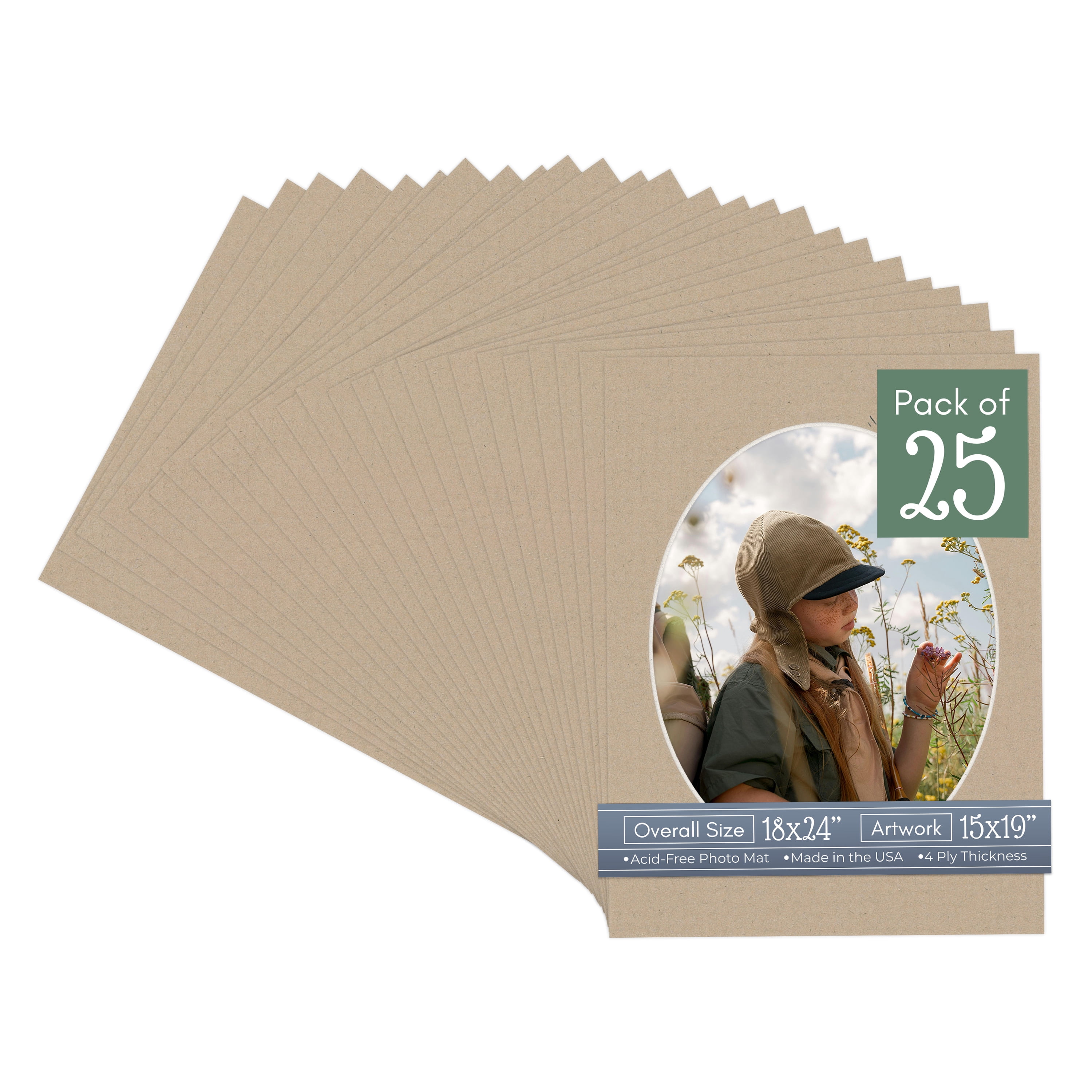 Tawny Brown Picture Frame Mat for 18x24 Frames - Oval Opening for 15x19 Photos - 25 Mats