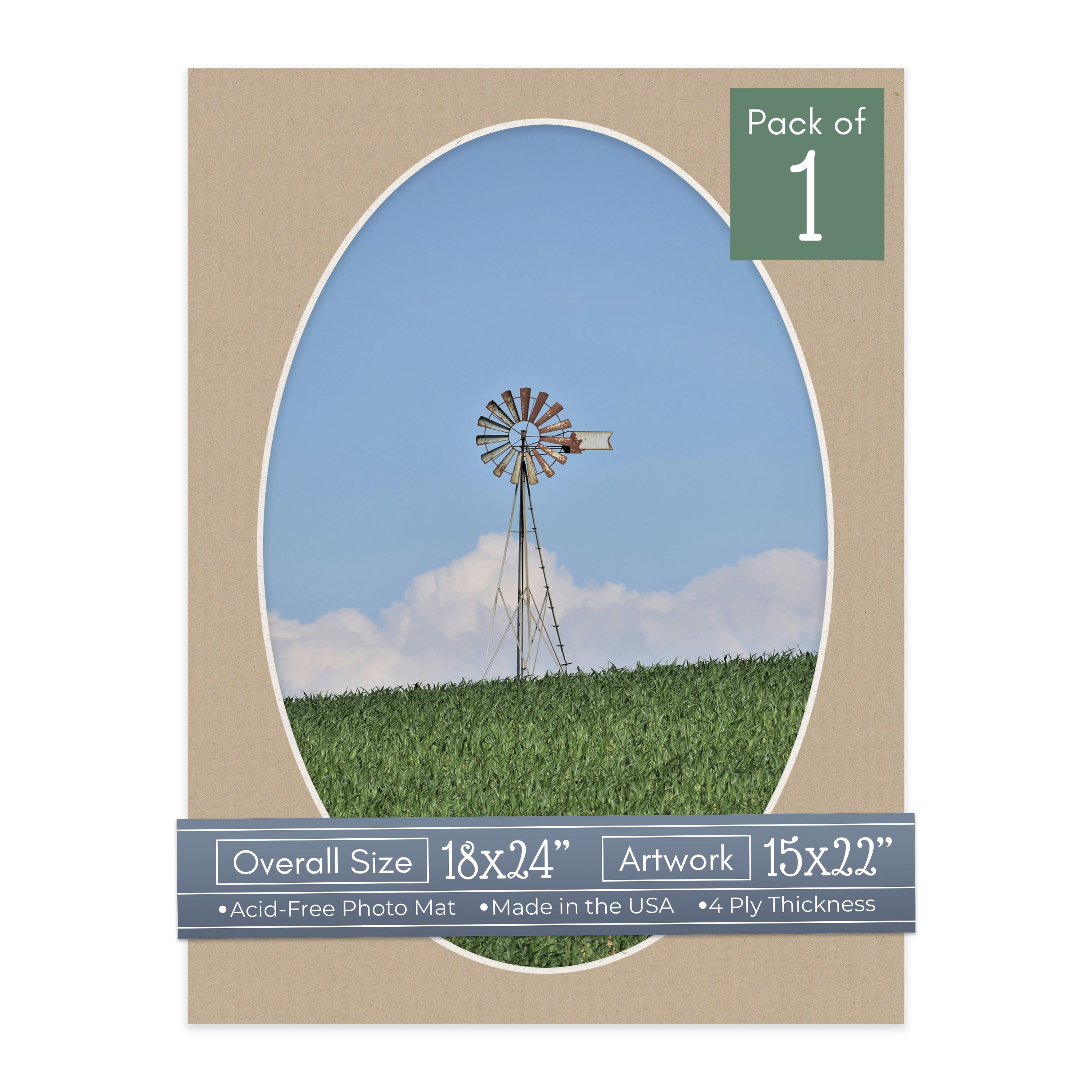 Tawny Brown Picture Frame Mat for 18x24 Frames - Oval Opening for 15x22 Photos - 1 Mat