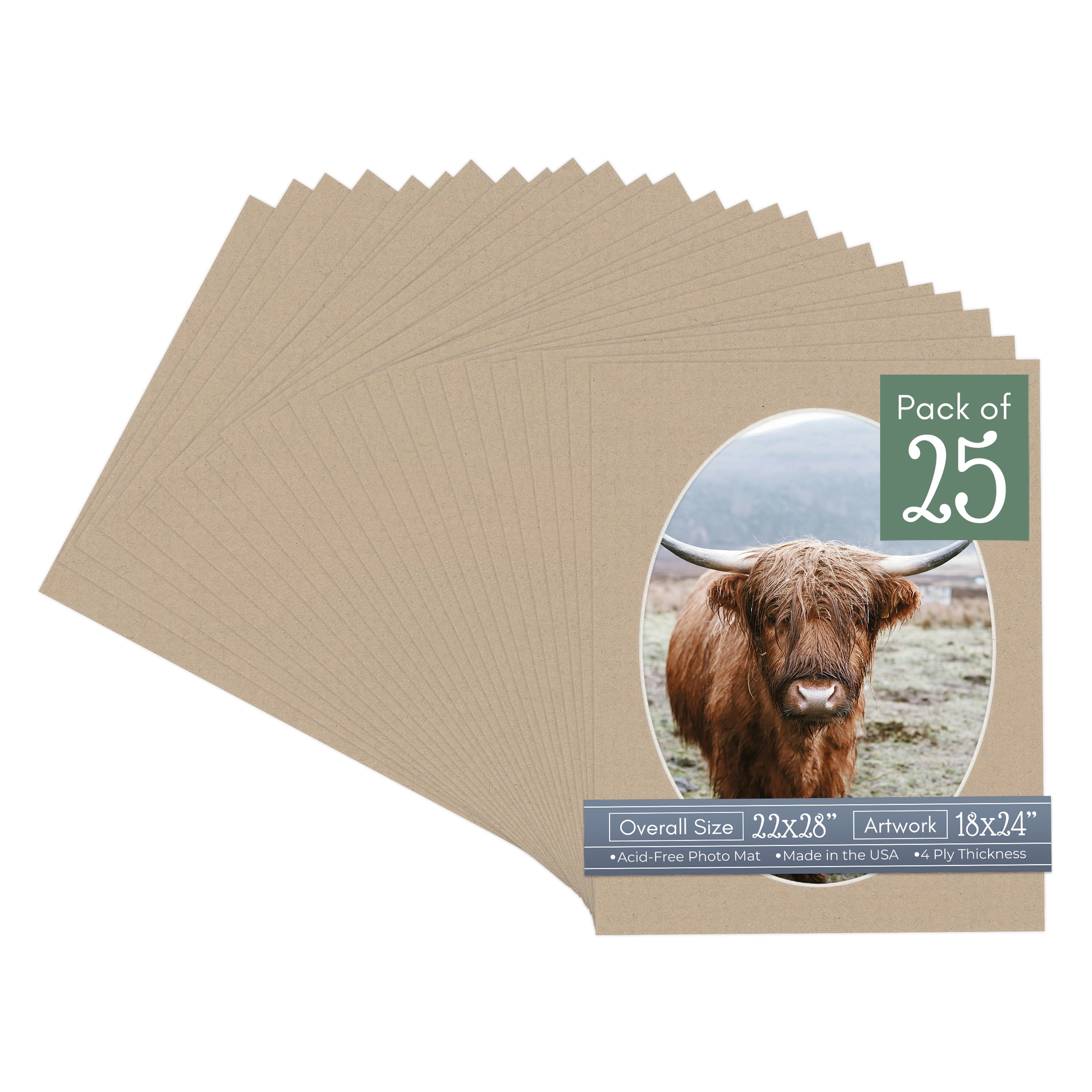Tawny Brown Picture Frame Mat for 22x28 Frames - Oval Opening for 18x24 Photos - 25 Mats