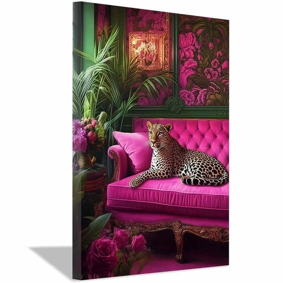 Tawny Jaguar Resting Hot Pink Tufted Velvet Sofa Tropical Floral Mural Framed Canvas Wall Art,Maximalist Jungle Animal Decor for Living Room Ready to Hang-12"L x 8"W