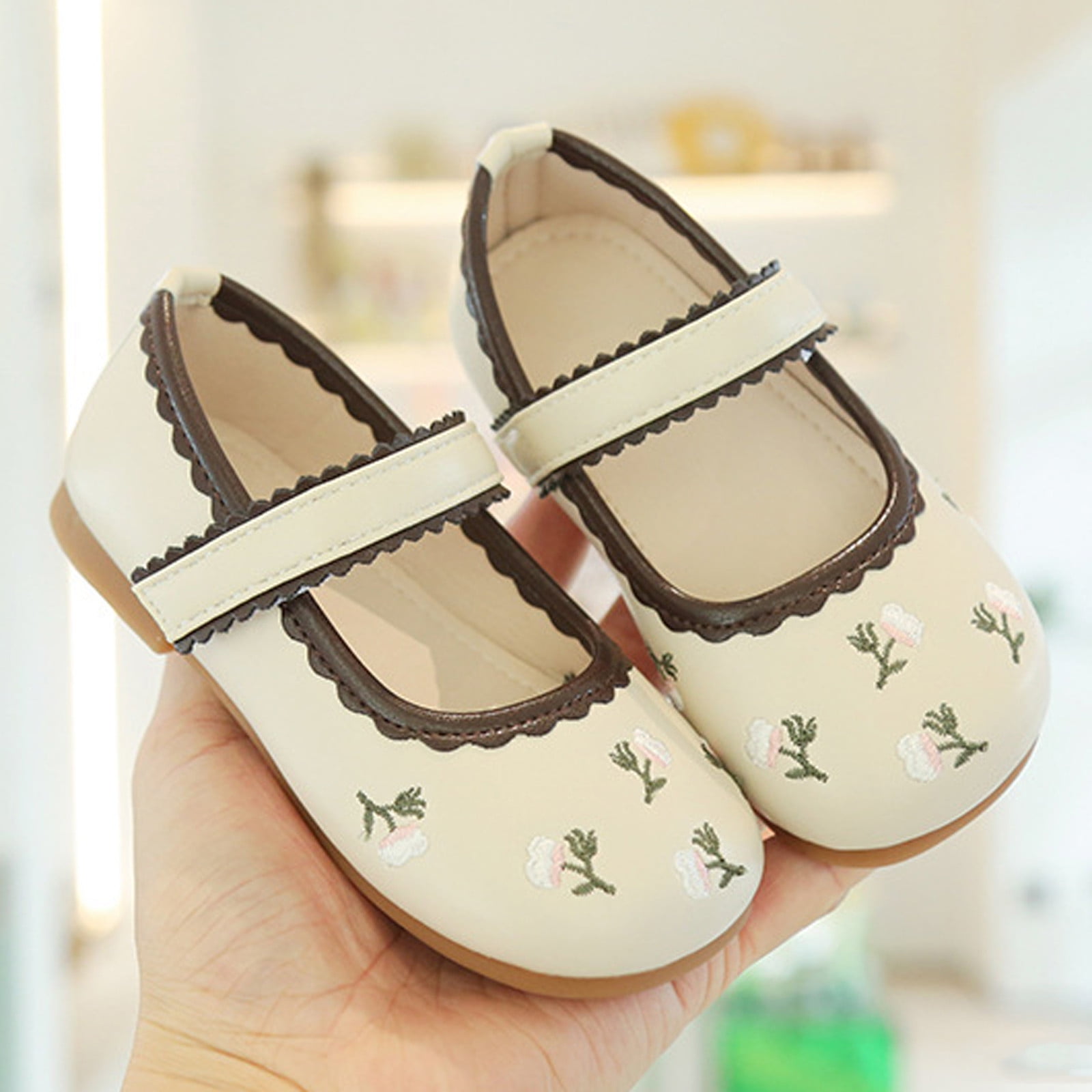 Tawop Beige Mary Jane Shoes For Fall New Little Girl Embroidered Single 