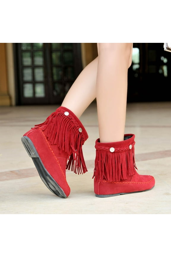Black Boots Women, Retro Shoes Casual Fashion Solid Color Fringed Frosted Suede Flat Inner Height Ankle Boots High Heel Boots Goth Boots