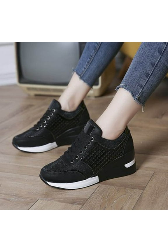 Black Shoes for Women Casual Wedge Sneaker Round Toe Lace-Up Lace Size 6
