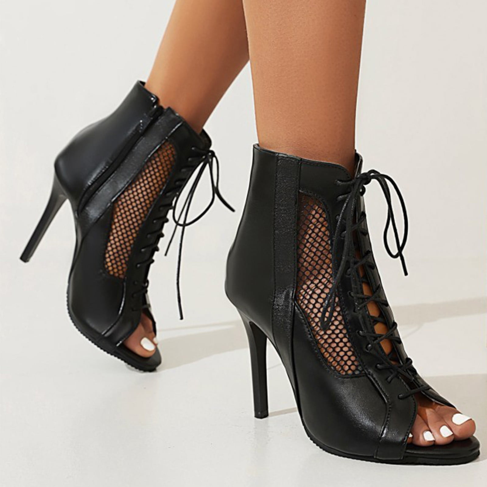 Women Peep Toe Minimalist Lace-Up Front Mesh Stiletto Black Heeled Boots  Size 9, Women's Fashion, Shoes on Carousell