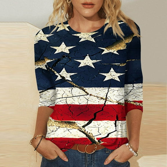 Tawop Blouses & Tops Mother's Day Gifts for Mom Fourth Of July 3/4 Sleeve Round Neck Printed Pullover Blue L