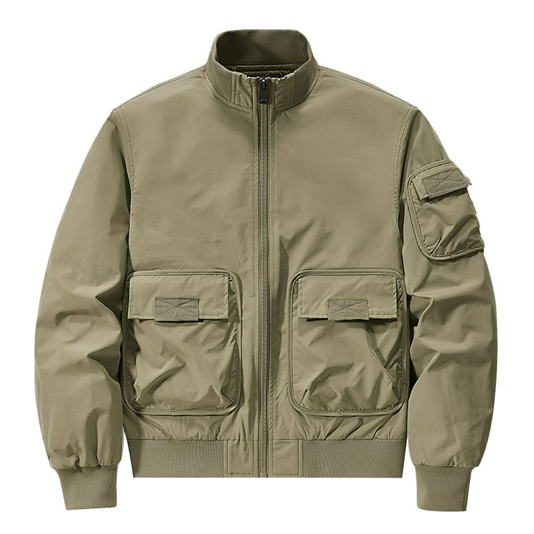 Tawop Bomber Jacket Men Outerwear Coats Trucker Long Sleeve Mid Length Oversized Solid Color Khaki L Walmart