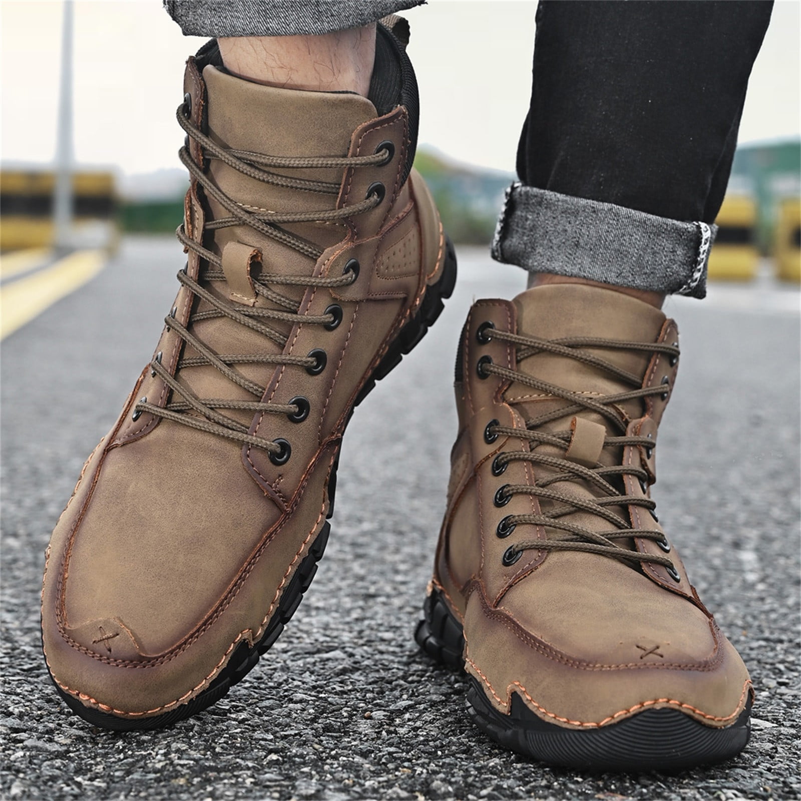 NRUDPQV fashion men's shoes breathable high heels retro lace-up thermal  leather short boots 