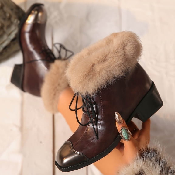 Tawop Boots for Women Fashionable Casual Winter Fleece Lined Comfortable Plus Size Short Boots Solid Color Toe Front Laces Heel Low Heel Ankle Boots 42