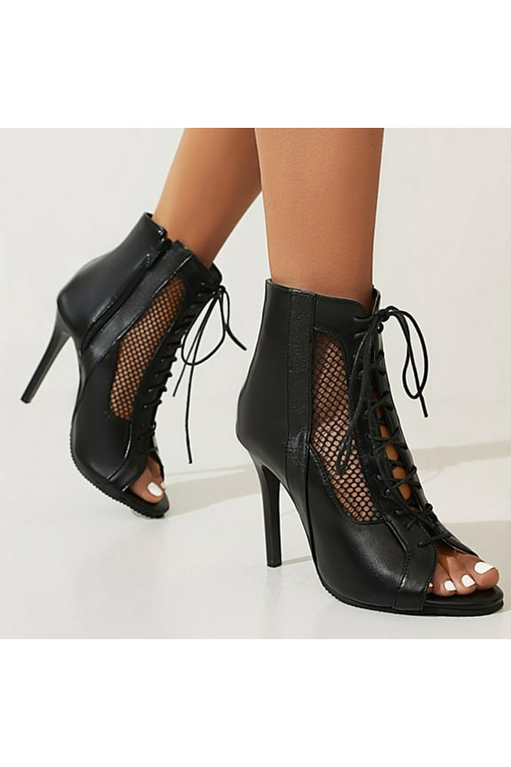 Cowboy Boots For Women, Summer Lace-Up Casual Peep Toe Leopard Hollow Out Sandals High Heels Shoes Fashion Ankle Boots White Boots For Women Women Snow Boots