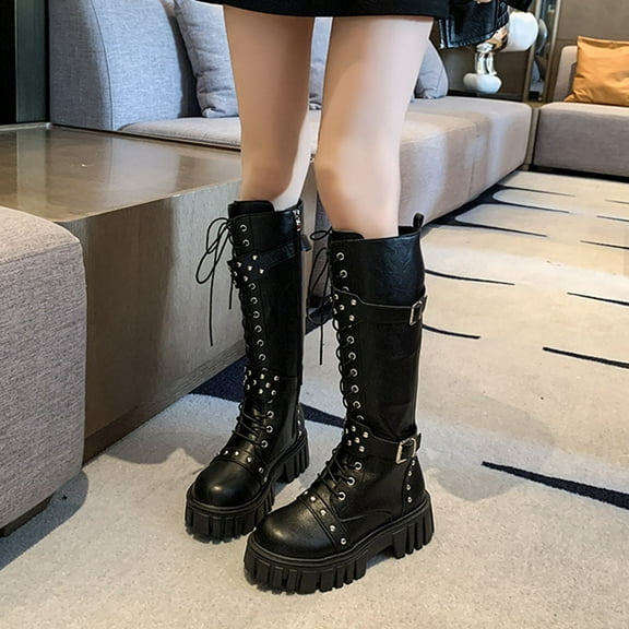 Tawop Boots for Women Fashion Casual Winter Long Straight Boots Solid Color Round Toe Side Zipper Front Lace-Up Low Heel Knee-High Boots Women