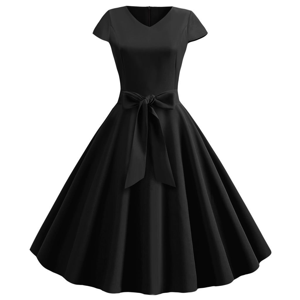 Tawop Built In Bra Dress Evening Gown Women Vintage Short Sleeve 50S  Housewife Casual Evening Party Prom Dress Father'S Day Black 6