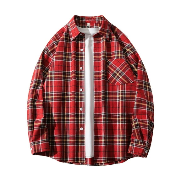 Tawop Button Up Shirt Men Vintage Plaid Casual Long Sleeve Shirts Big Mens Loose Shirts ,Size L