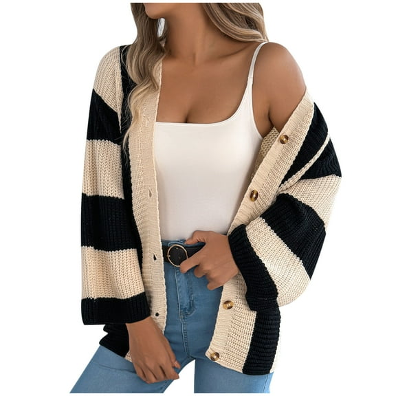 Tawop Cardigans Woman Ladies Casual Loose Striped Sweater Autumn Long Sleeve Tops Cardigan Khaki S
