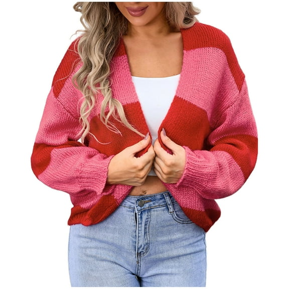 Tawop Cardigans Women Casual Autumn Loose Striped Printed Long Sleeve Cardigan Large Size Sweater Top Red L