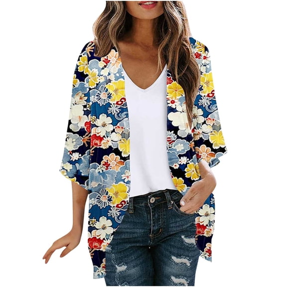 Tawop Cardigans Women Ladies Cardigan Vintage Printed Autumn Summer Long Sleeve Printed Tops Cardigan Multicolor L