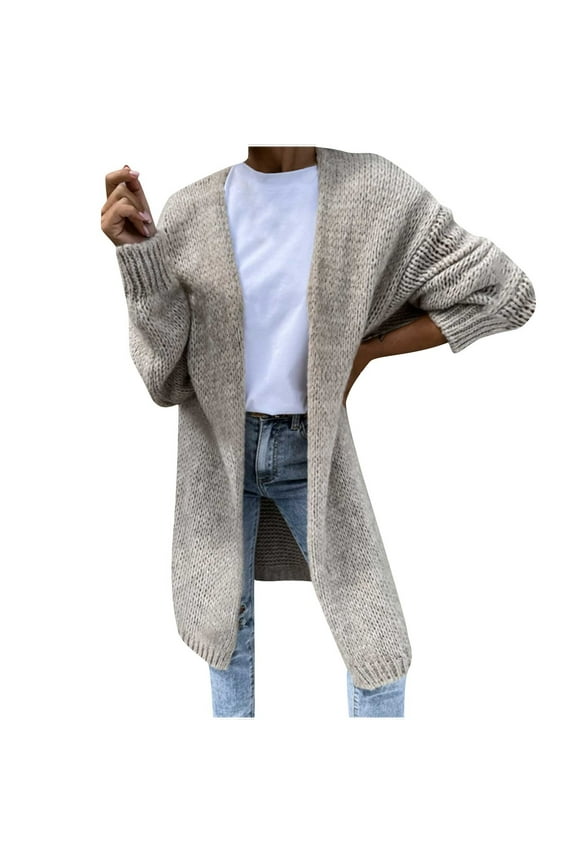 Cardigans for Women Autumn Solid Colour Cardigan Long Sleeve Knitted Mid-Length Sweater Gray Xxl