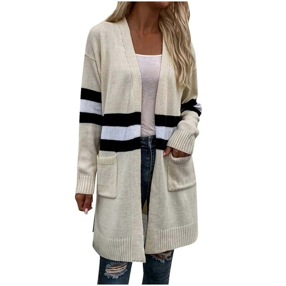 Tawop Cardigans for Women Winter Long Sleeve Knitted Long-Length Womens Sweaters and Cardigans Beige M