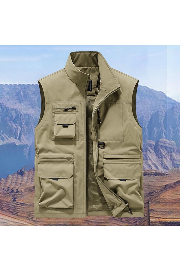 Coats for Men Cargo Vest Sleeveless Zip Thin Hoodless Loose Casual Outdoor Hiking Sports Mens Gift,Khaki,L