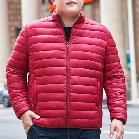 Tawop Coats for Men Stand Collar Cotton Puffer Long Sleeve Zip Hoodless Pockets Solid Mens Winter Coats,Wine,XL