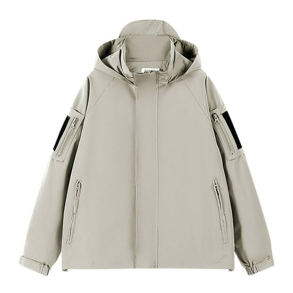 Tawop Coats for Men Wind Breaker Long Sleeve Zip with Hood Pockets Casual Windproof Waterproof Solid Mens Clothes,Khaki,L