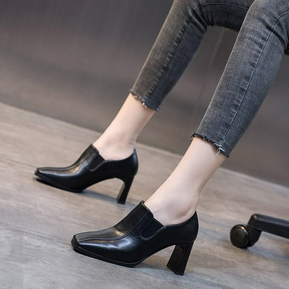 Tawop Comfortable Walking Shoes Women High Heel Leather Shoes Thick Sole Chunky Heel Squares Toe Shoes Pu Black 35(Us:4.5)