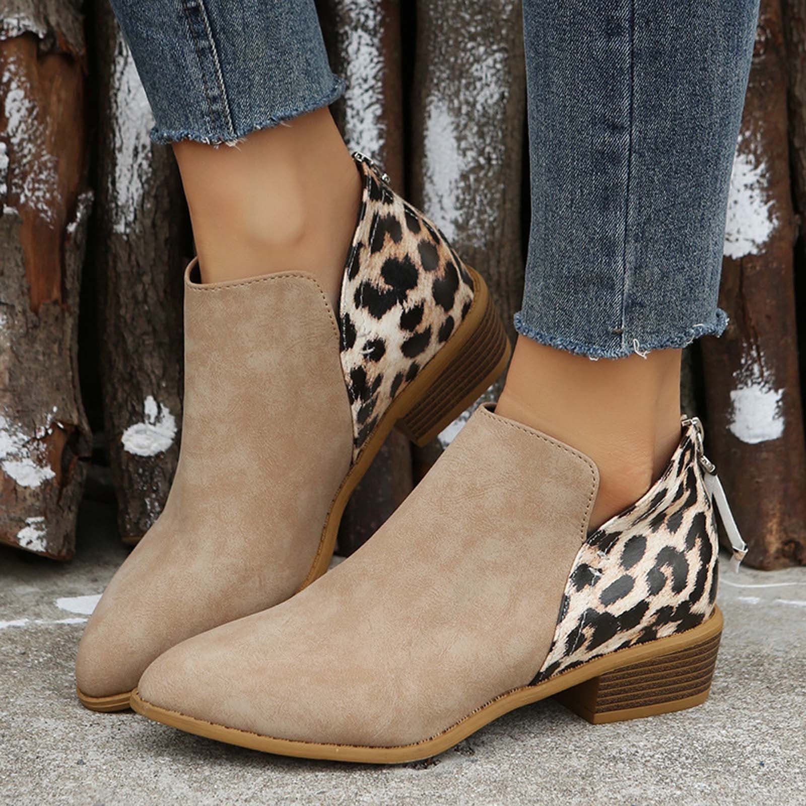 Tawop Boots Low Heel Ankle Boots Large Size Leopard Print Thick Heel Bootie Snow Boots Cowgirl Boots