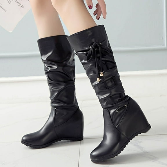Tawop Cowgirl Boots Women, Boots High Heel Shoes Pointed Toe Winter Casual Soild Mid-Calf Zip Boots Pleated Knight Boots Height Increase Womens Combat Boots Girls' Boots