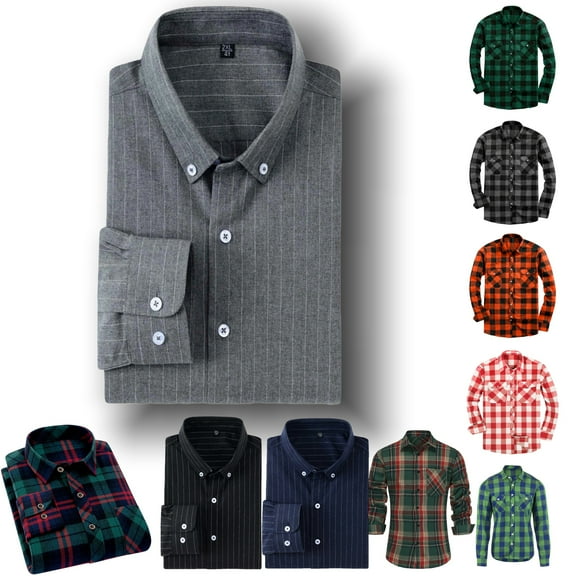 Tawop Dress Shirts for Men Striped Button-Down Long Sleeve Shirts Mens Flannel Shirts,Size XL