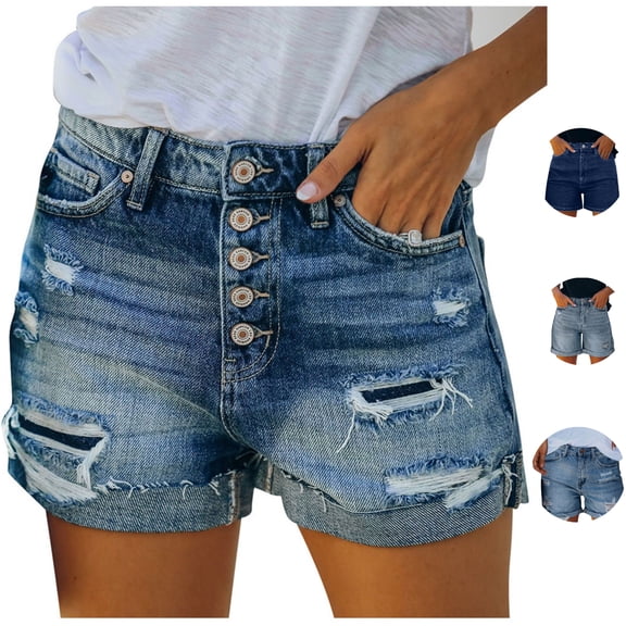 Tawop Buttons Jean Shorts for Women Ripped Vintage Pocket Casual Denim Shorts