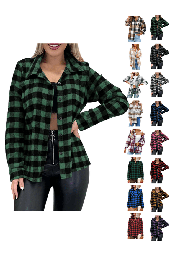 Flannel Shirts in Women Shirts for Women Long Sleeve Ladies Lapel Collar Plaid Casual Winter Fall Shirts,Green,Size L