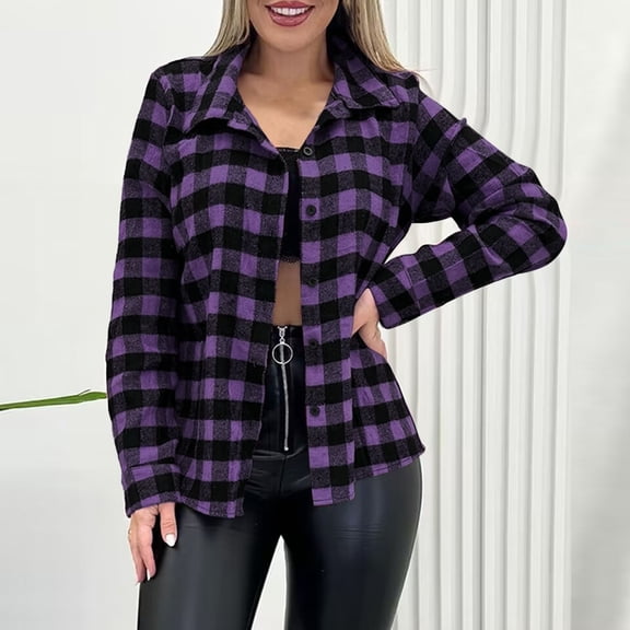 Tawop Womens Flannel Shirts Womens Long Sleeve Shirts Lapel Collar Plaid Casual Fall Clothes,Purple,Size L