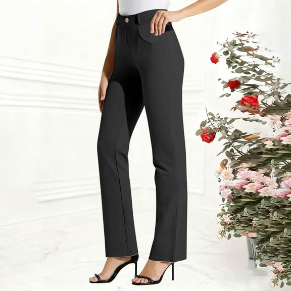Tawop Formal Pants for Women Womens Dress Pants Button-Front with Hidden Zipper Strechy Straight Pockets Business Casual Office Womens Black Pants