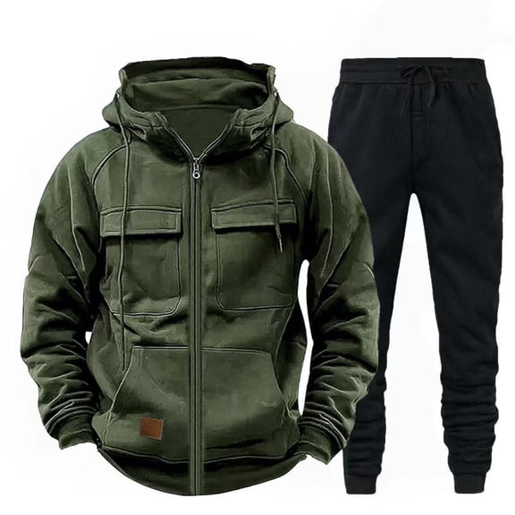 Tawop Gifts for Men Zipper Workwear Pullover Hooded Sweatshirt Set Solid Color Cardigan Pocket Casual Two-Piece Set Long Sleeved Hooded Set