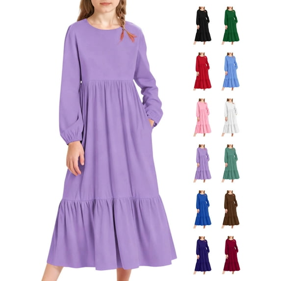 Tawop Girls Dresses Solid Color Long Sleeved Round Neck Dress with Side Pockets Long Skirt for Kids 10-11years
