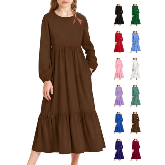 Tawop Girls Dresses Solid Color Long Sleeved Round Neck Dress with Side Pockets Long Skirt for Kids 12-13years