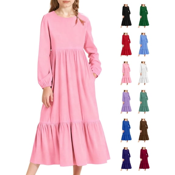 Tawop Girls Dresses Solid Color Long Sleeved Round Neck Dress with Side Pockets Long Skirt for Kids 14-15years