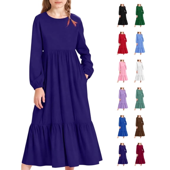 Tawop Girls Dresses Solid Color Long Sleeved Round Neck Dress with Side Pockets Long Skirt for Kids 4-5years