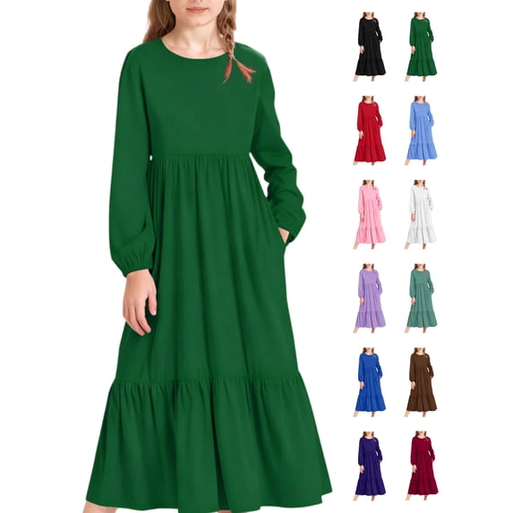 Tawop Girls Dress Midi Long Sleeve Dresses with Pockets for Kids 8-9years