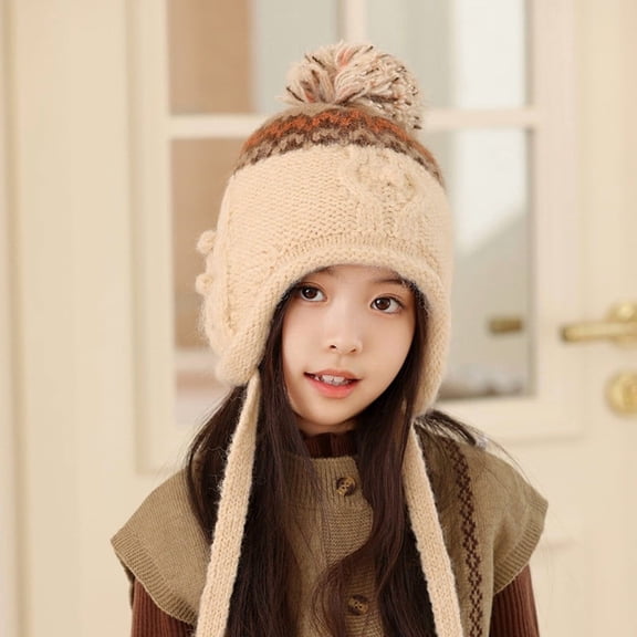 Tawop Girls Hats Children's Winter Windproof and Cold-Proof Pullover for Boys and Girls Outdoor Warm Ear Protection Wool Ball Knitted Hat
