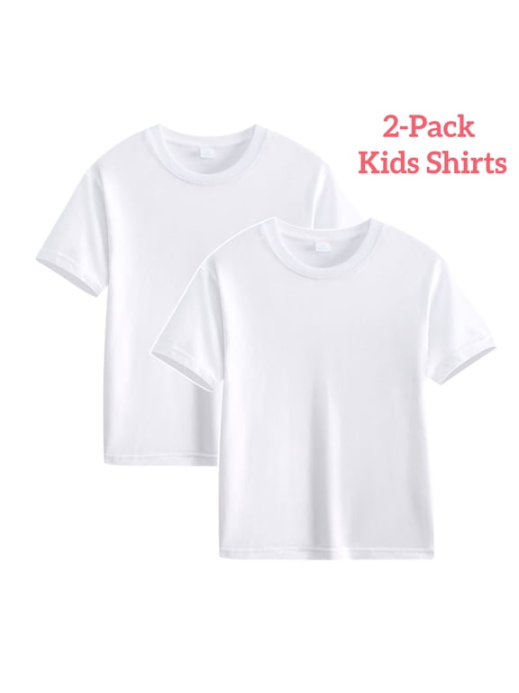 Girls Shirts Basic Short Sleeve Cotton White Plain Shirts, 2-Pack, (Boys & Girls)