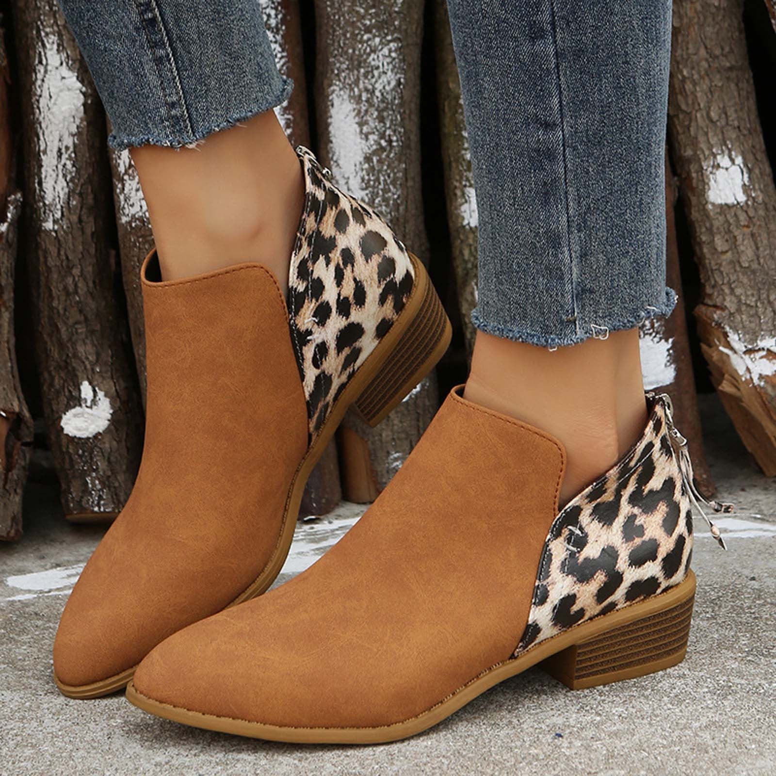 Tawop Girls Snow Boots,Low Heel Ankle Boots Large Size Leopard