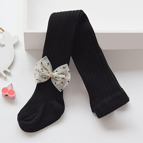Tawop Girls Tights Autumn Thin Soft Cotton Tights with Bow Opaque Black